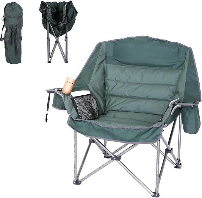 Folding Camping Chair, Padded Chair, Oversized Camping Chair, Lawn Chair for Adults, Heavy Duty 400lb Carry Bag Cupholder & Cooler (1-Pack)