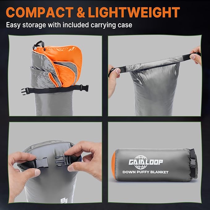 Down Puffy Blanket for Car Camping Outdoor Travel Backpacking, Duck Down Lightweight Portable Soft Warm Cozy Camping Blanket Quilt, 53"x78", Light Gray