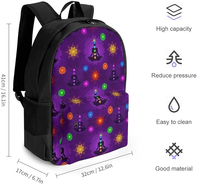 Men Women Lightweight Seven Chakra Yoga Meditation Lotus Purple Mandala Casual Daypack Large Capacity Bookbag With Adjustable Shoulder Straps for Gym Business Bicycle