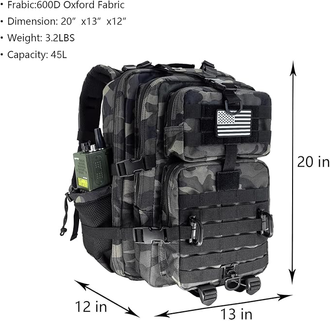 45L MOLLE Assault Pack, Tactical Backpack Military Army Camping Rucksack with Bottle Holder, 3-Day Pack Trip w/USA Flag Patch, D-Rings, Black Camo