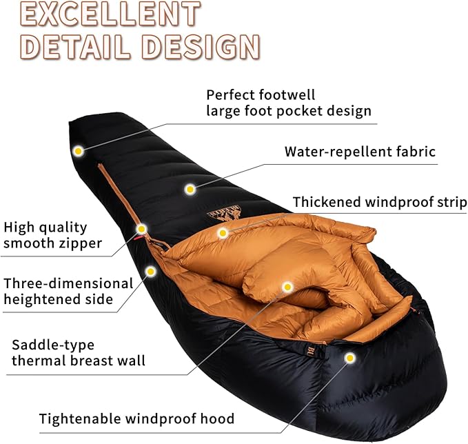Down Backpacking Sleeping Bag for Cold Weather 32°F to 8°F, XXL Large Ultralight Sleeping Bag Ideal for Adults Camping, Hiking and Backpacking.