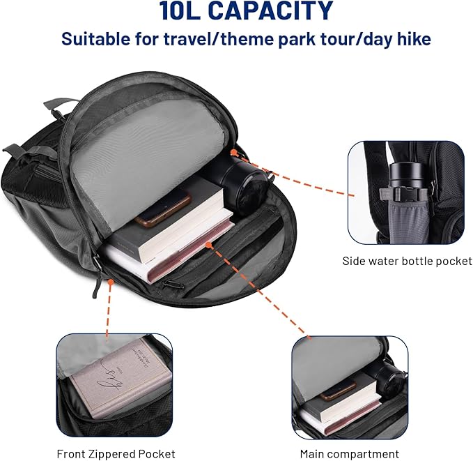 MOSISO 10L Lightweight Hiking Daypack Small Packable Hiking Backpack for Men Women, Casual Foldable Day Pack Shoulder Bag with 2 Front Pocket for Travel Camping Outdoor, Black