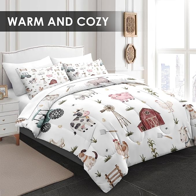 Comforter Set Full Size, Farm Animal 7 Pcs Bedding for Kids and Adults, Cute Tractor Bed Sheet Sets with Fitted Sheet 2 Pillowcases & 2 Shams for Bedroom Bed Decor