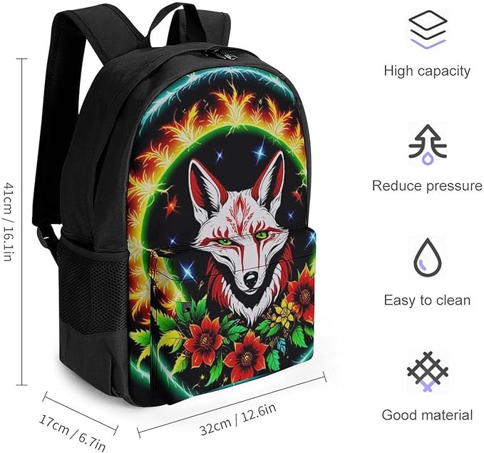 Daypack Anti-Theft Multipurpose Large Capacity Shoulder Bag, Blue Green Red Fire Flame Dragon Fox Kitsune Black Art Travel Hiking Camping Rucksack With Smooth Zippers
