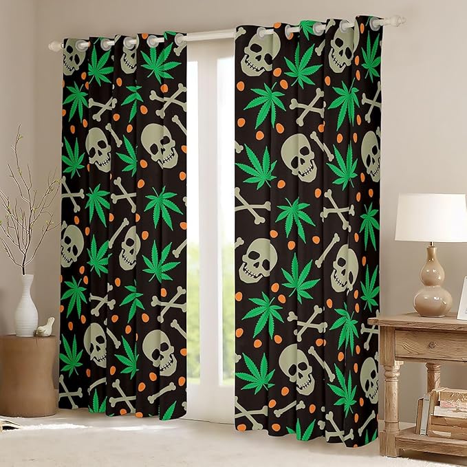 Manfei Gothic Skull Blackout Curtains Green Marijuana Leaf Window Drapes,Cute Skeleton Bones Weed Window Treatments,Kids Boys Girls Room Decor,Grommet Top 2 Panel Set Bedroom Curtains, 42Wx90L inch