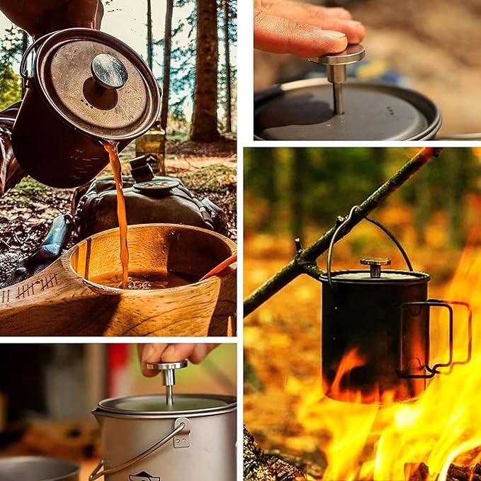 Bestargot Titanium Pot 750ml, Portable French Press | Ultralight Camping Pot for Coffee, Cooking & Survival | Compatible with Camp Stoves