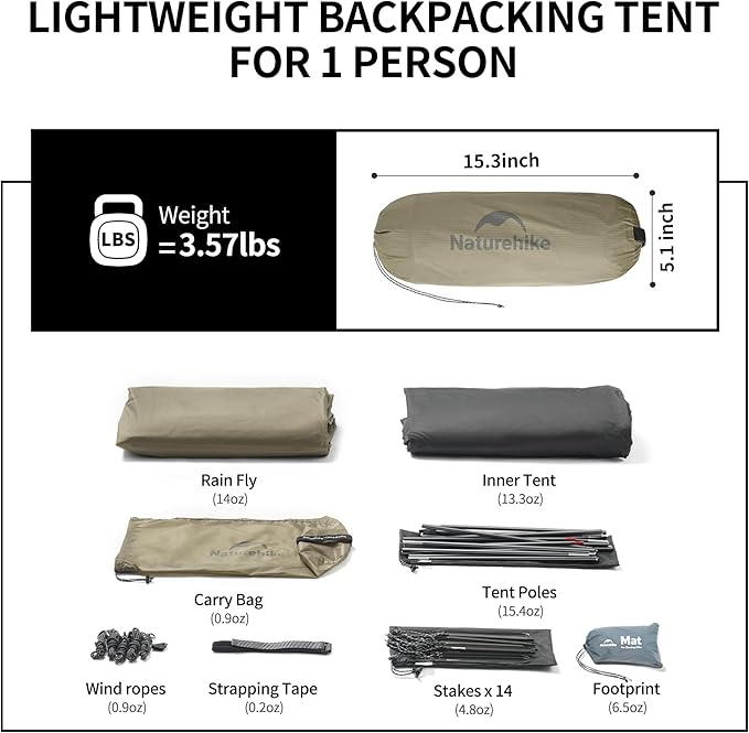 Naturehike Cloud Up 1 Person Tent, Lightweight Backpacking Tents for One Man, Waterproof Ultralight One Person Tent for Camping Hiking Backpacking