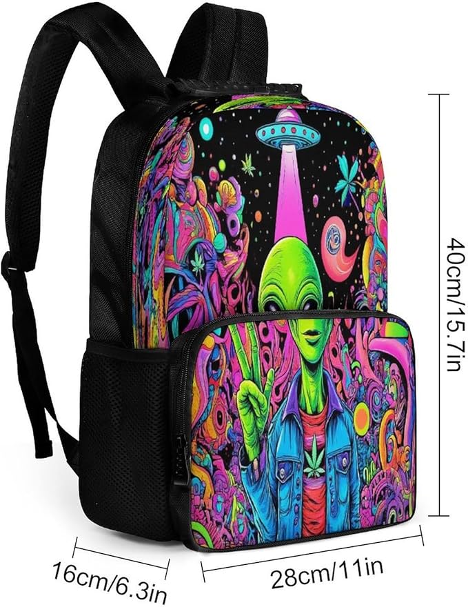 Men Women Lightweight Trippy Alien Ufo Art Backpack Large Capacity Bookbag With Smooth Zippers for Gym Business Running
