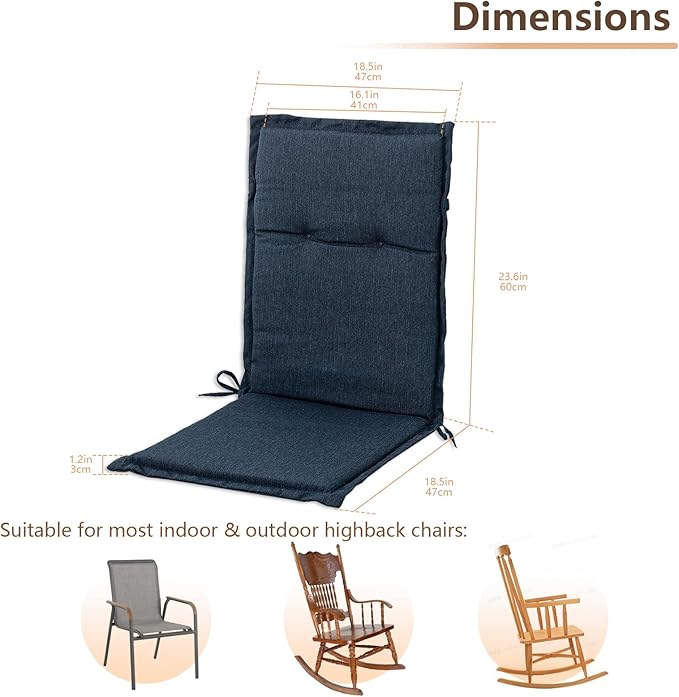 C-Hopetree Indoor High Back Rocking Chair Cushions for Glider and Swivel Rocker, Outdoor Replacement Highback Dining Seat Pads with Back Elastic and Ties, 18" x 42" x 1.5", Navy Blue, Set of 2