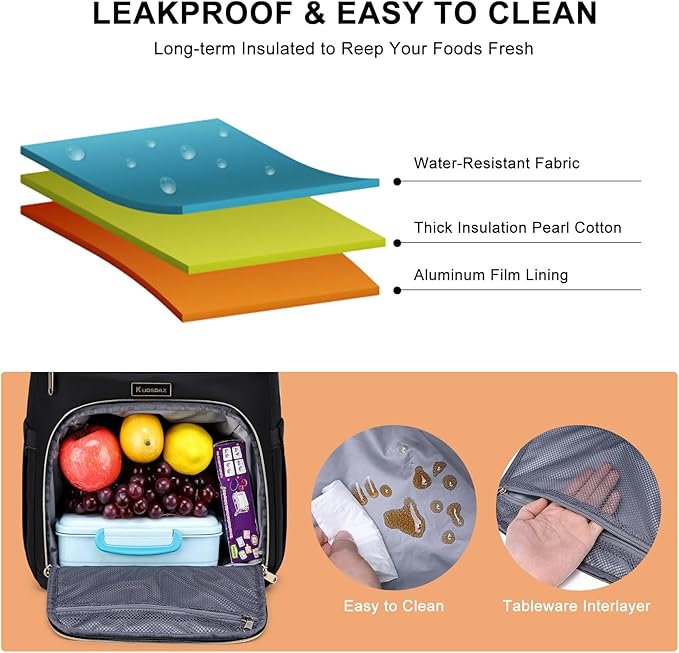 Lunch Backpack for Women, Water Resistant Insulated Cooler Lunch Bag, 15.6 inch Laptop Backpacks with USB Port, Picnic Backpack with Lunch Box for College Work Camping Beaches, Black
