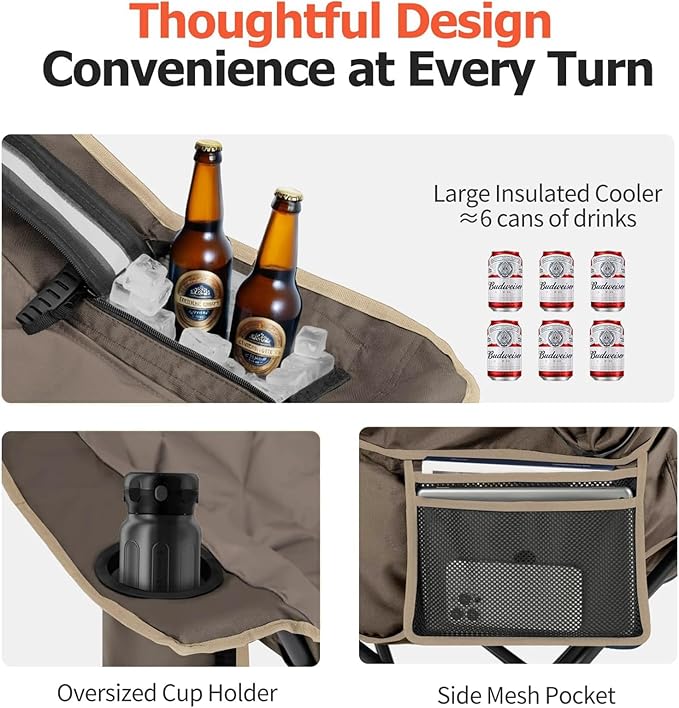 Overmont Oversized XL Camping Chair for Adults - 400lbs Support Heavy-Duty Padded Folding Chair with Side Pocket Cup Holder Cooling Bag for Outdoor Sports Garden Beach Fishing Lawn Khaki 2pcs