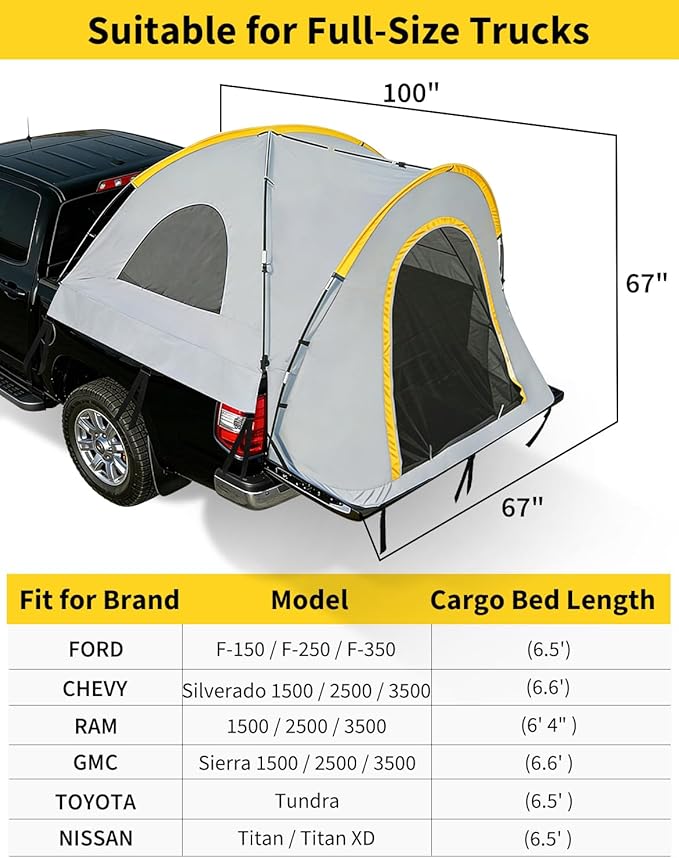 Truck Bed Tent with Awning Pickup Truck Tent for 5–8.2 ft Bed Waterproof PU3000 Oxford Camping Tent Portable Truck Camper for Chevy Silverado 1500 F150 Ram 1500