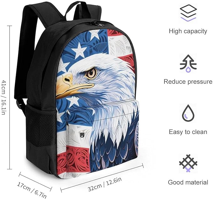 Daypack Backpack Multipurpose Anti-Theft Large Capacity Bookbag, American Flag Eagle Art Travel Hiking Camping Rucksack With Adjustable Shoulder Straps