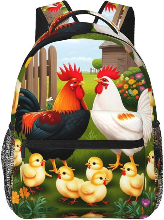 Lightweight Daypack Bookbag for Trekking Business Walking Cycling, Big Capacity Anti-Theft Multipurpose Carry On Bag, Chicken Rooster Garden Flowers Art Business Computer Bag
