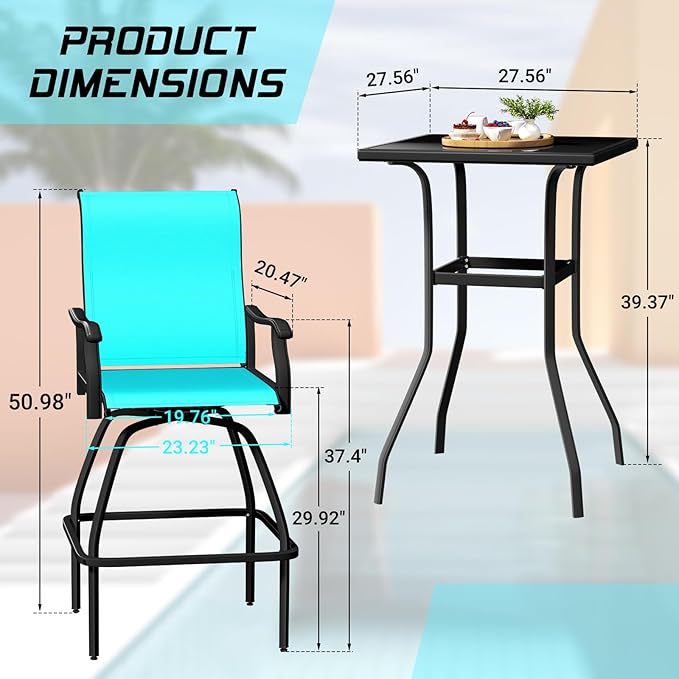 LEVELEVE Patio Bar Set 2pcs Swivel Bar Stools Outdoor Bistro Textilene Furniture Stability All-Weather Set (3, Lake Blue Padded)
