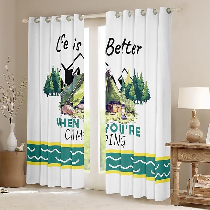Happy Camping Adventure Window Drapes,Tent Pine Tree Nature Rustic Nursery Bedroom Playroom Decor,RV Trailer Camper Outdoor Girls Boys Room Decor,Green White 2 Panels,42Wx90L inch
