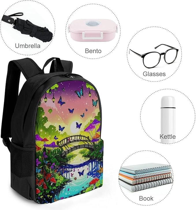 Supdreamc Men Women Polyester Psychedelic Mushroom Trippy Magic Butterfly Art Daypack Backpack Large Capacity Carry On Bag With Smooth Zippers for Hiking Picnic Walking Cycling