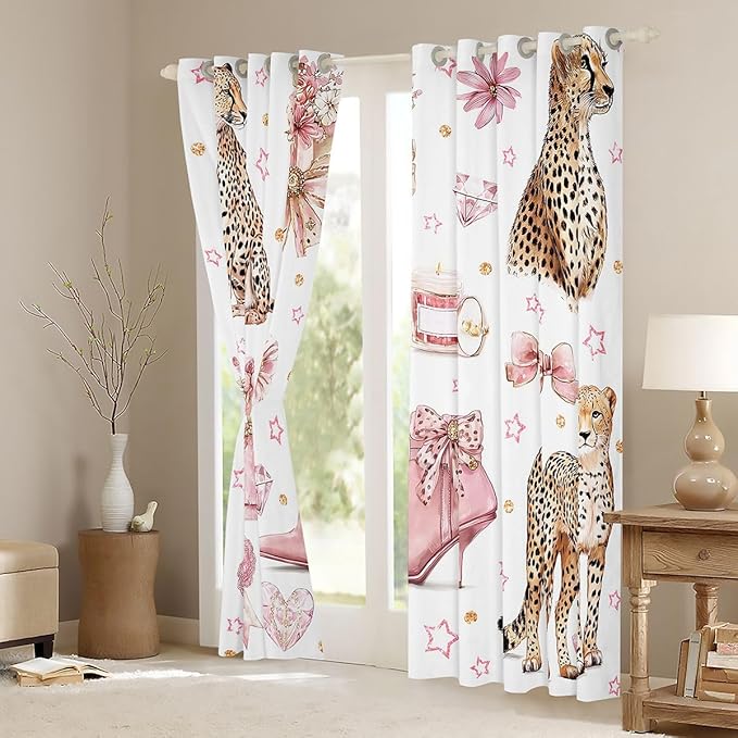 Pink High Heels Window Curtain | Cheetah Diamond Bowknot Window Drapes for Girls Bedroom Decor,Girly Princess Blackout Curtains Dreamy Coquette Living Room Top 2 Panels,42Wx84L