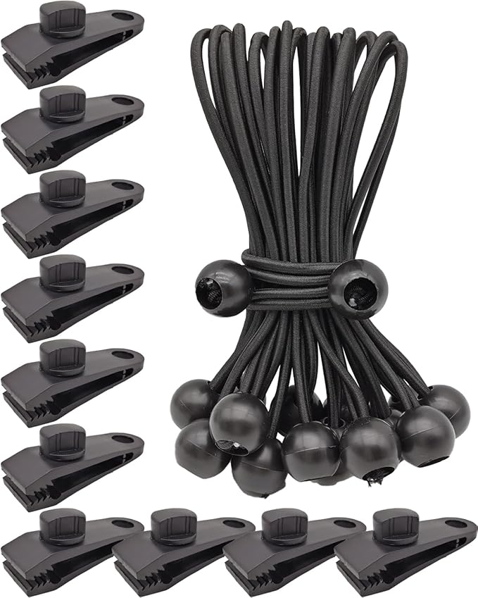 Tarp Clips Lock Grip, 20 Pack Tarp Clamps Heavy Duty and Ball Bungee Cords Set, Tent Clips with 6 Inch Bungie Cord Balls for Awnings Camping, Patio Umbrellas, Pool Awning Cover