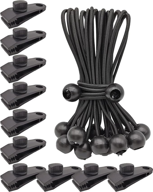 Tarp Clips Lock Grip, 20 Pack Tarp Clamps Heavy Duty and Ball Bungee Cords Set, Tent Clips with 6 Inch Bungie Cord Balls for Awnings Camping, Patio Umbrellas, Pool Awning Cover