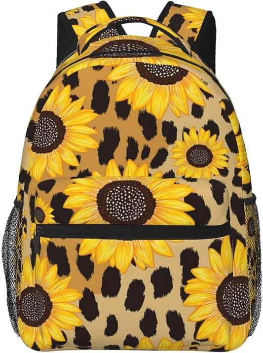 Women Men Polyester 90S Sunflower Leopard Casual Daypack Large Capacity Bookbag With Side Pockets for Sports Picnic Walking Cycling