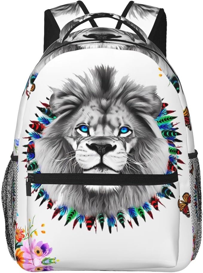 Rucksack Multipurpose Anti-Theft Big Capacity Shoulder Bag, Lion Feather Flower Butterflies Art Travel Hiking Camping Rucksack With Side Pockets