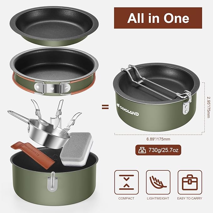 Odoland 10pcs Camping Cookware Non-Stick Camping Pot and Pan Set with Plate Bowl Fork Knife Spoon for Backpacking, Hiking, Outdoor Cooking and Picnic