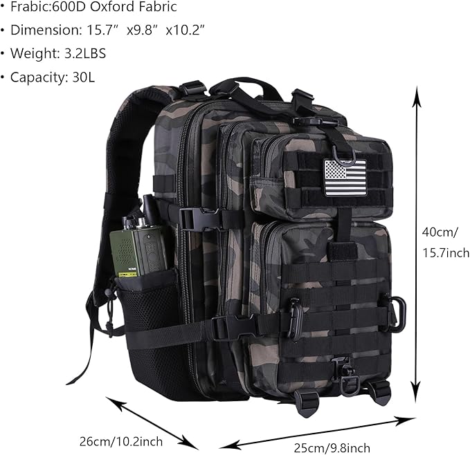 30L MOLLE Assault Pack, Tactical Backpack Military Army Camping Rucksack with Bottle Holder, 3-Day Pack, Black Camo