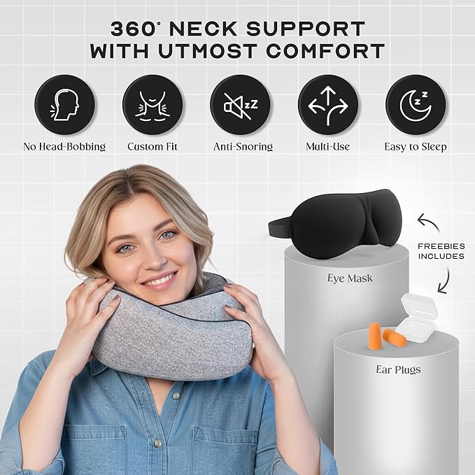 The Cozeo™ Travel Neck Pillow, 100% Pure Memory Foam Airplane Neck Pillow with Eye Mask & Earplug, Ideal for Long Flight, Car Road Trip Essentials & Sleeping | Comfortable & Suitable for Adults & Kids