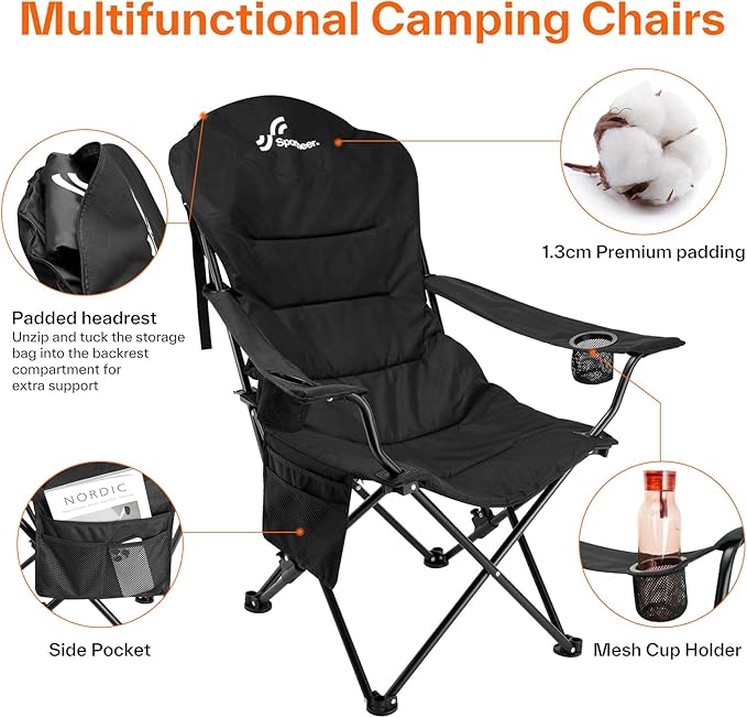 Sportneer Folding Camping Chair: 3 Adjustable Angle Camping Chair with Backrest Headrest & Carry Bag - Portable Folding Chair for Camping Outdoor, 2 Pack