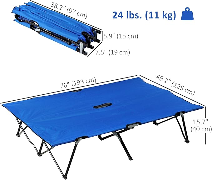 Outsunny 2 Person Folding Camping Cot for Adults, 50" Extra Wide Outdoor Portable Sleeping Cot with Carry Bag, Elevated Camping Bed, Beach Hiking, Blue