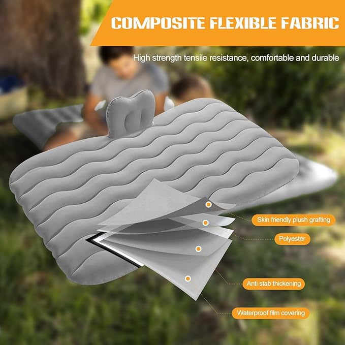 Ergocar Inflatable Mattress Camping Thickened Portable Travel Camping Flocking Bed Double-Layer Inflatable Valve Suitable for Suvs, Rear Seats, Automobiles