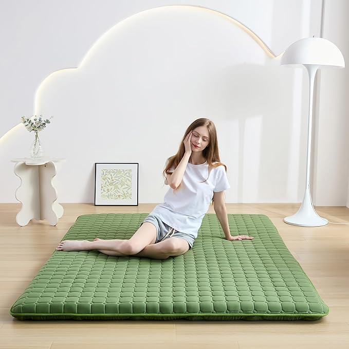 Japanese Floor Mattress Twin, Anti-Slip Japanese Futon Roll Up Tatami Mat for Guests, Green