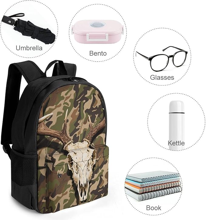 Daypack Backpack Anti-Theft Multipurpose Large Capacity Carry On Bag, Goth Hunting Camo Deer Skull Art Traveling Camping Backpack With Side Pockets