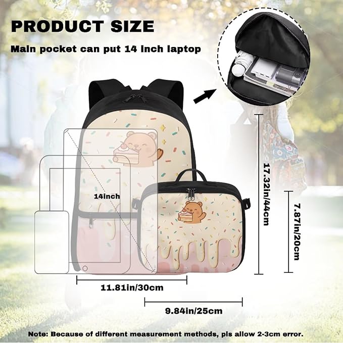 HUGS IDEA Cake Bear Backpack for Girls for School Cute Bookbag for Girls 8-10 Kids Backpack with Lunch Bag Cute School Bag Set for Elementary Students Casual Daypack