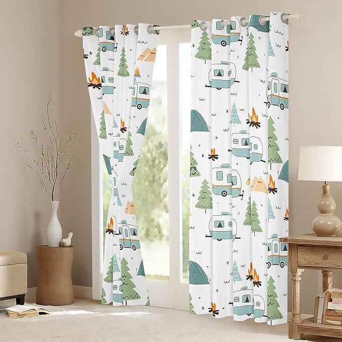 jejeloiu Camper Curtains for Bedroom Living Room Happy Camping 30%-50% Blackout Shades Cartoon Camping Car Room Darkening Curtain Window Treatments, 2 Panels 38 x 45 Inch Decor