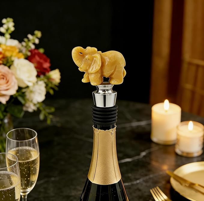 Homestia Gemstone Elephant Wine Stopper - Natural Crystal Champagne Preserver Airtight Bottle Sealer, Decorative Lucky Elephant Bottle Stopper for Wine Champagne Birthday Gifts Wedding Favors