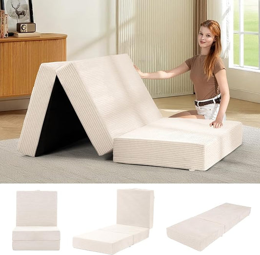 6-Inch Tri-Fold Mattress Twin Size - Foldable Futon Sofa Bed with Removable Washable Cover, Folding Memory Foam Futon Mattress | Non-Slip Bottom & Carry Handles for Guest, Camping, Dorm