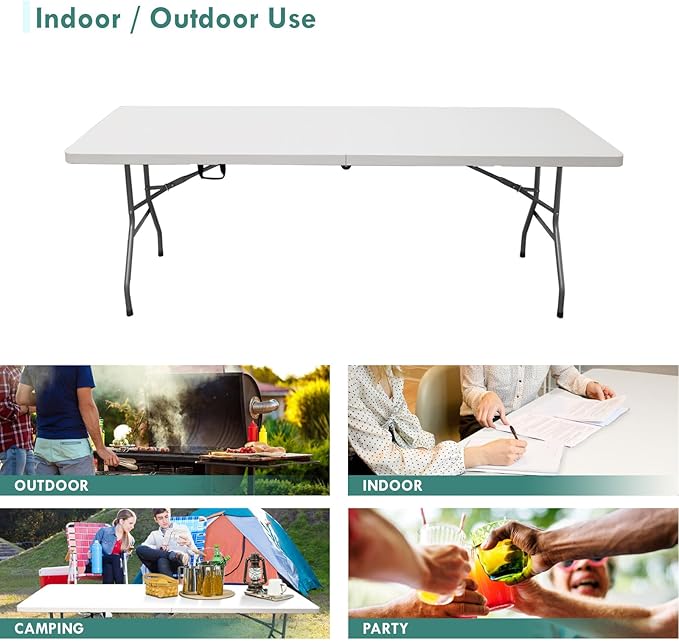 AJP Distributors 6 Foot Portable Plastic Folding Table 6FT 72" Half Foldable Heavy Duty Top w/Carry Handle - Indoor Outdoor Backyard Camping Picnic BBQ Party Wedding Dining Office Event Meeting White