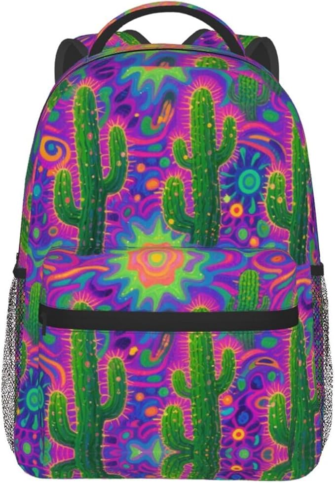 Men Women Polyester Psychedelic Cactus Art Casual Daypack Large Capacity Carry On Bag With Adjustable Shoulder Straps for Camping Work Running