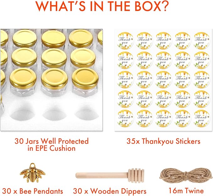 AuroTrends 6oz Glass Small Jars with Lids 30Pack, Honey Jars in Bulk for Baby Shower Favors/Wedding Favors -Small Canning Jars with Wooden Dippers/Bee Charms/Stickers/Jute Twine (6fl.oz-30Pack)