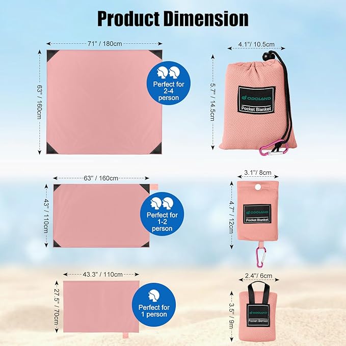Odoland Beach Blanket Picnic Blanket, 43" x 63" SandProof Waterproof Outdoor Pocket Blanket with Portable Bag, Foldable Lightweight Sand Free Quick Drying Beach Mat for Hiking Camping Travel, Pink