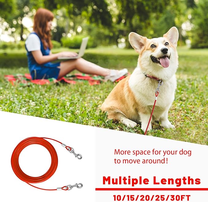 Dog Tie Out Cable 10/15/20/25/30 FT Runner for Yard Steel Wire Cable with Durable Superior Clips Red Chains for Outside Dog Lead for Large Up to 165 Lbs