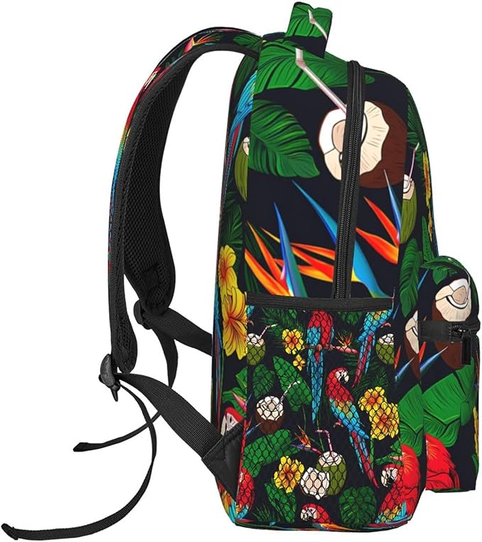 Men Women Lightweight Macaw And Tropical Cocktail Art Casual Daypack Big Capacity Bookbag With Padded Straps for Gym Travel Walking Cycling
