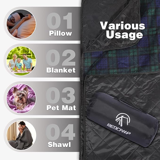 REDCAMP Extra Large Waterproof Stadium Blanket for Cold Weather, Soft Warm Fleece Camping Blanket Windproof for Outdoor Picnic Sports, 79”x 79” Green Grid