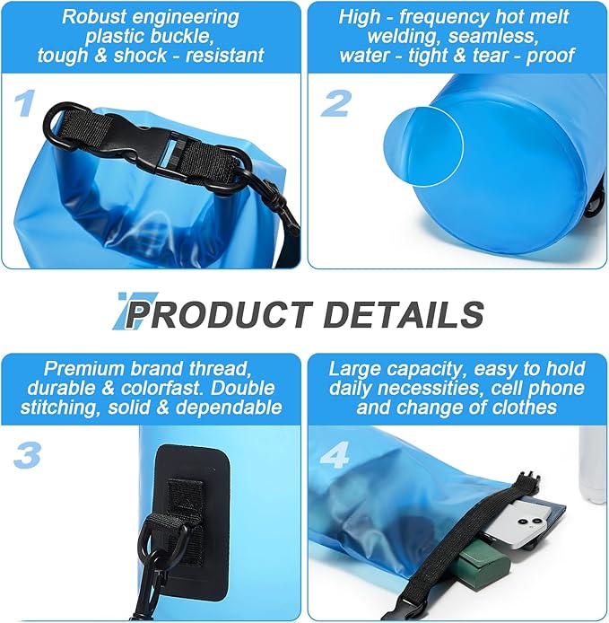 Dry Bags for Kayaking Waterproof, 5L/10L Dry Storage Bag, Roll Top Wet Bag for Swimming, Boating, Fishing,Camping & Beach