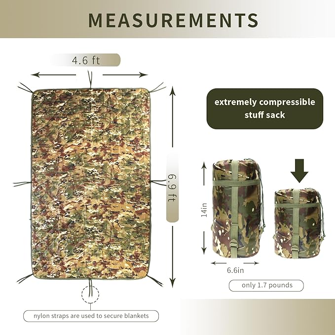 GRVCN Military Blanket - Camping Sleeping Bag with Zipper, Poncho Liner Thermal Insulated Blanket, Lightweight Portable Outdoor Hiking Survival Compression Carry Bag