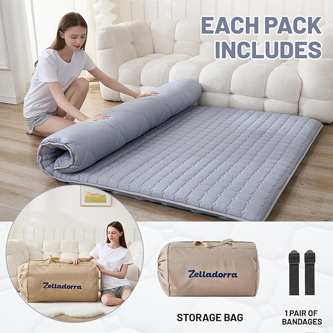 Japanese Floor Mattress Full, Anti-Slip Japanese Futon Roll Up Tatami Mat for Guests, Grey
