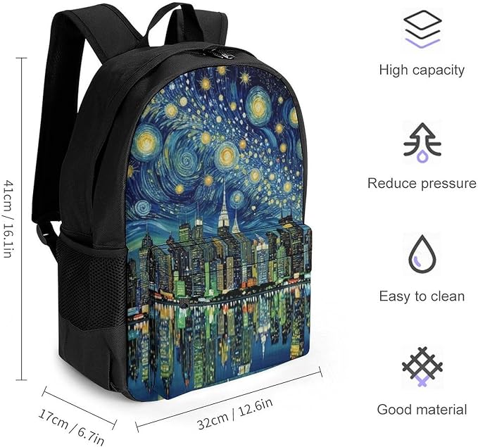 Supdreamc Men Women Lightweight Chicago City Skyline Night View Starry Sky Painting Backpack Large Capacity Carry On Bag With Padded Straps for Sports Work Walking Cycling