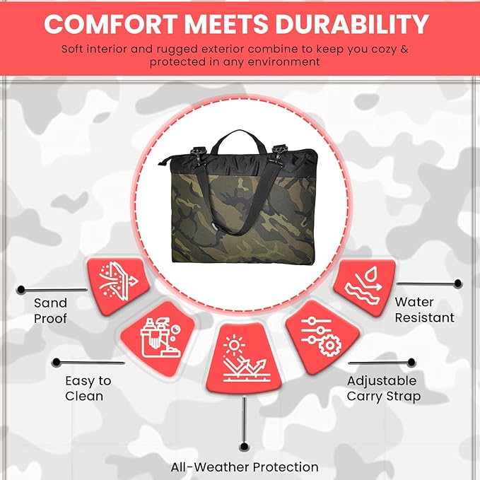 Outdoor Packable Camo Blanket - 1000D Polyester Interior & RIPSTOP Fabric Exterior Blanket with Adjustable & Removable Carrying Strap - Front, Back Storage Pocket - Ideal for Camping & Outdoor Use